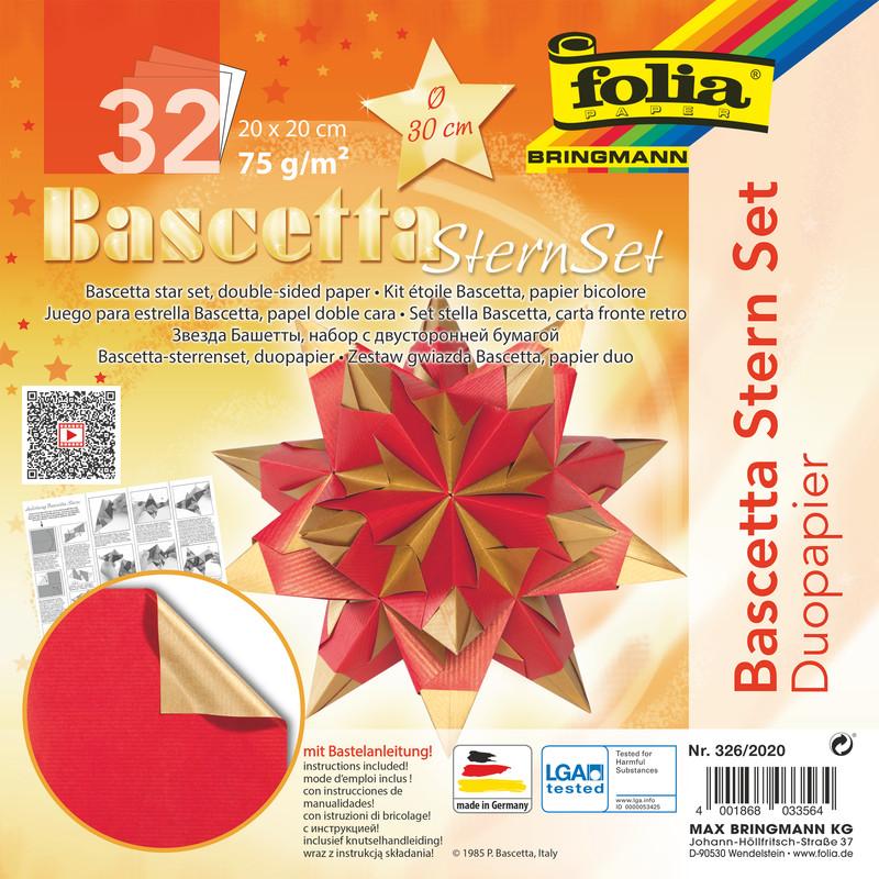 Folia, Bastelpapier, Faltbl„tter Bascetta-Stern, 200 x 200 mm, hochrot/gold (20 x)