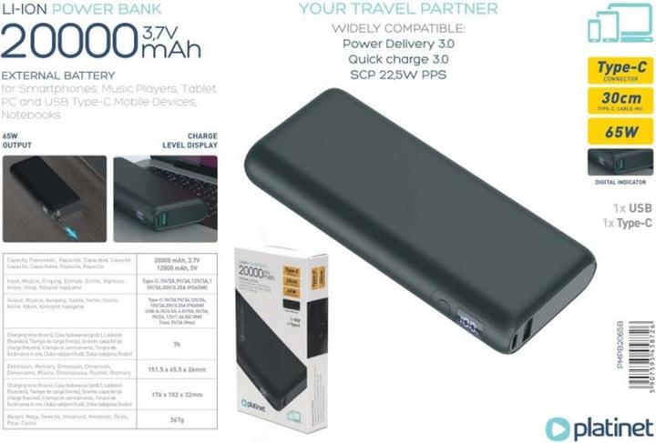 Produktbild Platinet Powerbank LED-Anzeige Schwarz (20000 mAh, 65 W, 65 Wh)