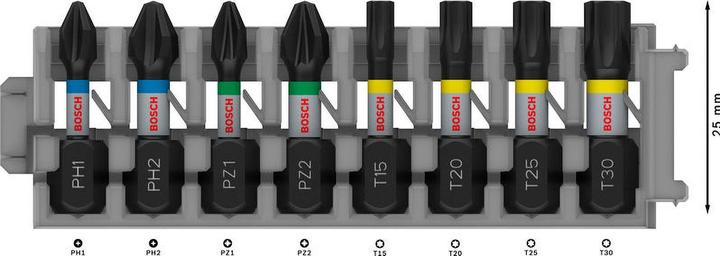 Actual product image Bosch Professional Zubehör PRO Impact Mixed Pack, PH1 PH2 PZ1 PZ2 T15 T20 T25 T30, 25 mm, 8 pcs. (PZ2, T20, PZ1, T30, PH2, T25, PH1, T15)
