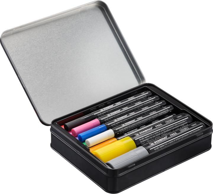 Produktbild STABILO FREE Acrylic Acrylmaker (Weiss, Karmin, Laubgrün, Orange, Gelb, Lila, taffy pink, Violett, Dunkelgrau, Schwarz, Dunkelblau, 10 mm, 11 x)