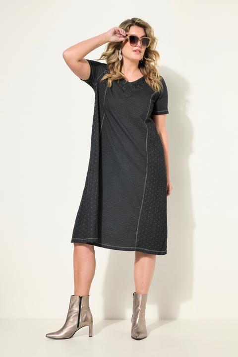 Produktbild Miamoda Jerseykleid, A-Line, cold dyed, V-Ausschnitt mit Lochstickerei, Halbarm (46)