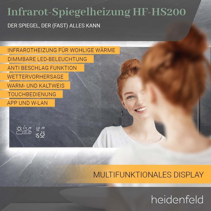Produktbild Heidenfeld Infrarot Spiegelheizung Infrarotheizung Wetteranzeige Wifi LED Licht (250 Watt) (250 W)