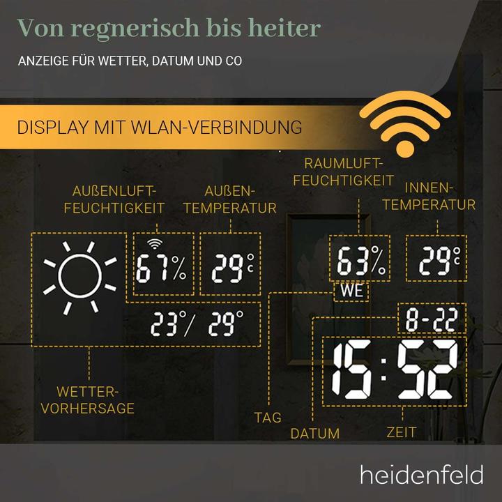 Produktbild Heidenfeld Infrarot Spiegelheizung Infrarotheizung Wetteranzeige Wifi LED Licht (250 Watt) (250 W)