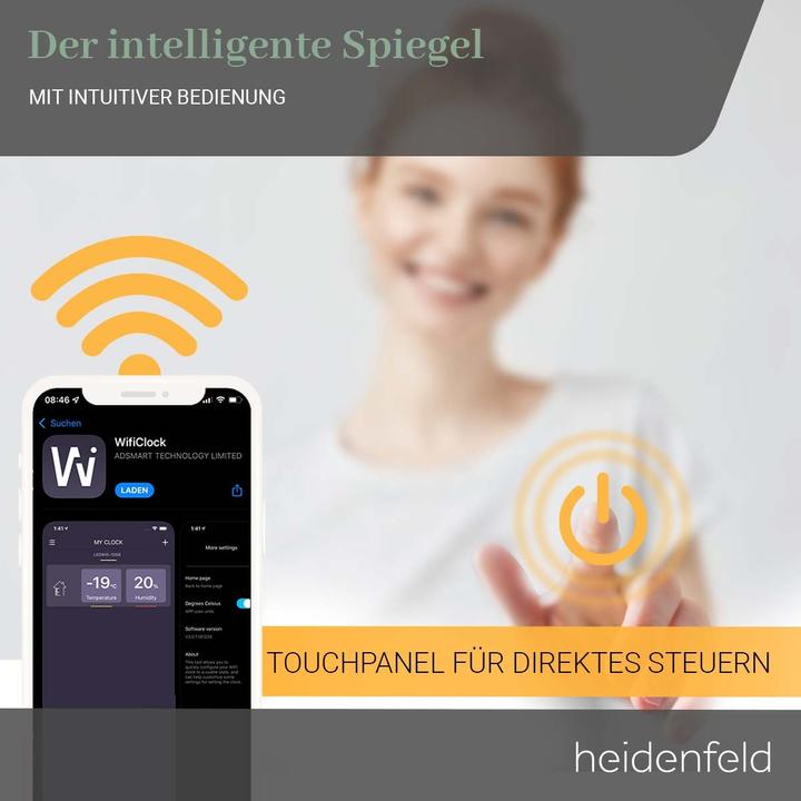 Produktbild Heidenfeld Infrarot Spiegelheizung Infrarotheizung Wetteranzeige Wifi LED Licht (250 Watt) (250 W)