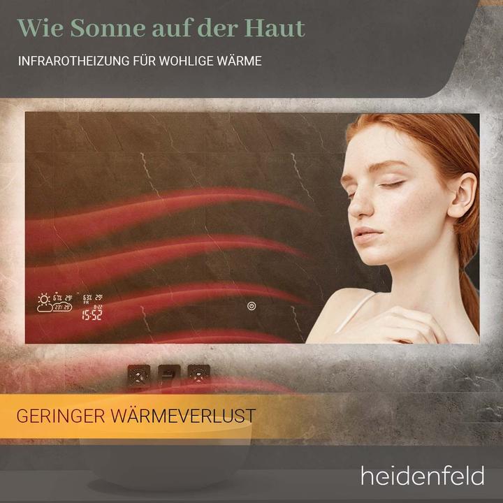 Produktbild Heidenfeld Infrarot Spiegelheizung Infrarotheizung Wetteranzeige Wifi LED Licht (250 Watt) (250 W)