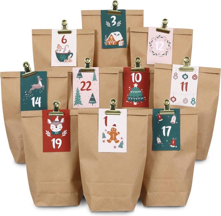 Papierdrachen Set di sacchetti per il calendario dell'Avvento con clip in metallo - Verde-Bordeaux