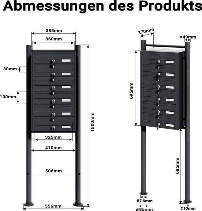 Produktbild Wiltec 6er Briefkastenanlage schwarz 270x513x1500mm Standbriefkasten Briefkasten