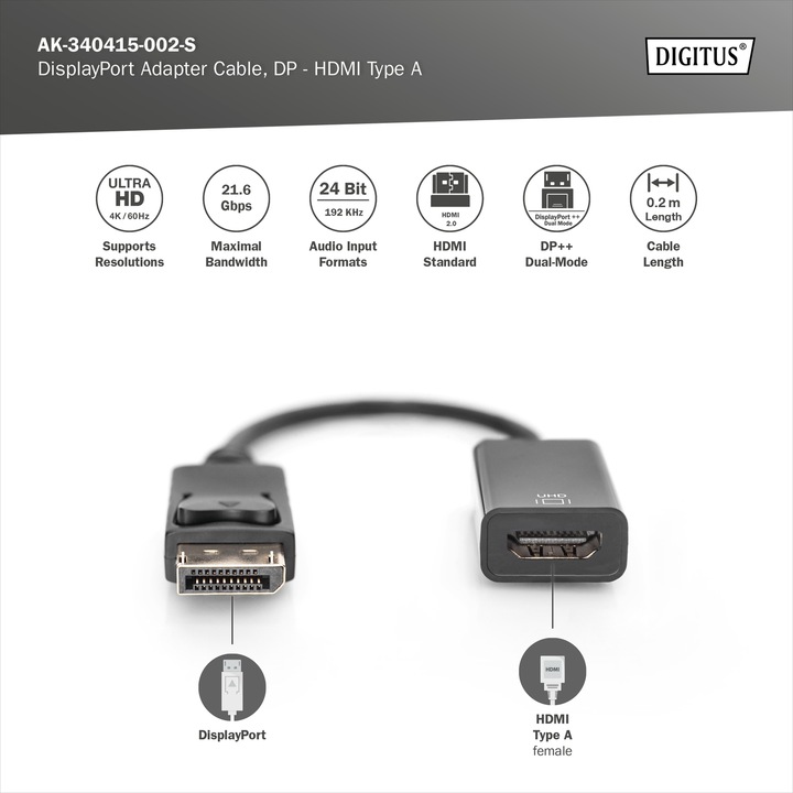 Actual product image Digitus Act. DP to HDMI adapter cable (HDMI, 25.20 cm)