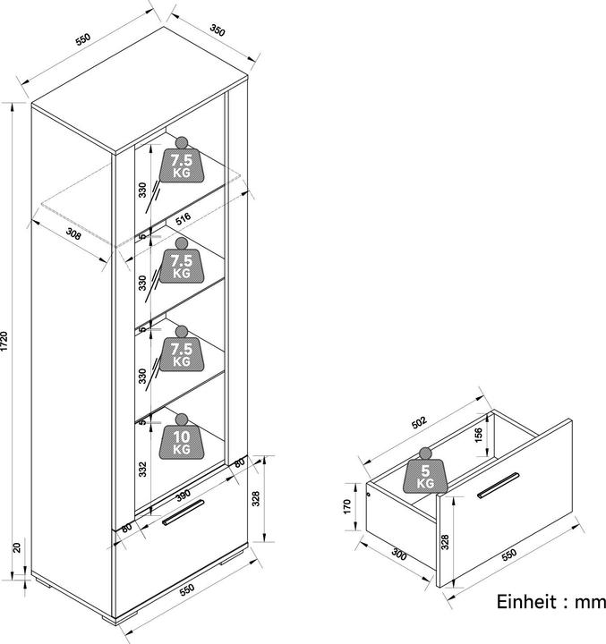 Produktbild SONNI Vitrine (55 x 35 x 172 cm)