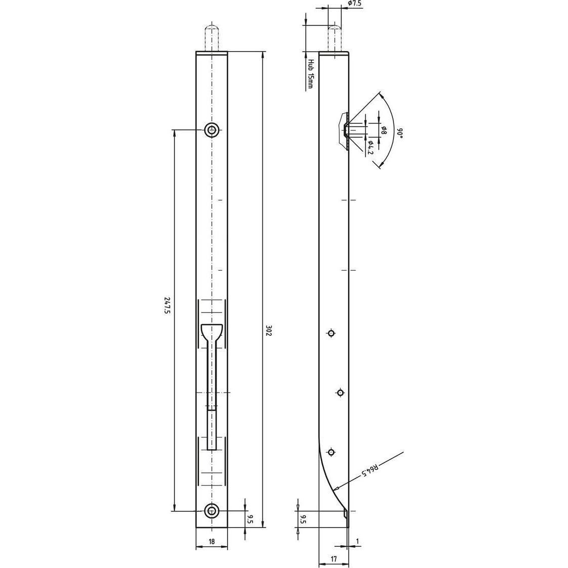 Thumbnail - Strenger, Baubeschläge + Holzverbinder, Türkantriegel U-Gehäuse mit Klapphebel 300 x 18 x 17 mm, Hub 14, vernickelt (1 S...
