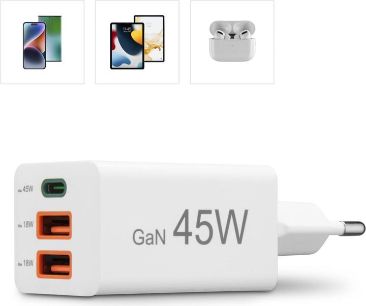 Actual product image Hama Fast charger, GaN, 1x USB-C PD, 2x USB-A QC, mini charger, 45 W, white (45 W, 3 ports)
