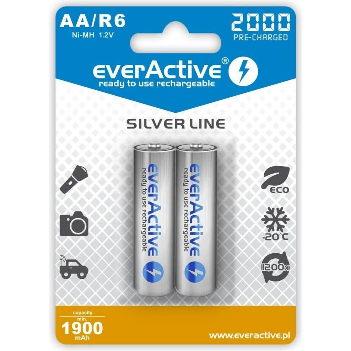 Everactive Batterie ricaricabili Ni-MH R6 AA 2000 mAh Silver Line - Batteria - Mignon (AA) (2 pz., AA, 2000 mAh), Batterie + pile