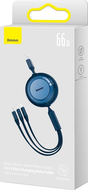 Actual product image Baseus Bright Mirror 3, USB 3-in-1 cable for micro USB / USB-C / Lightning 66W / 2A 1.1m (Blue) (1.10 m, USB 2.0, 66 W)