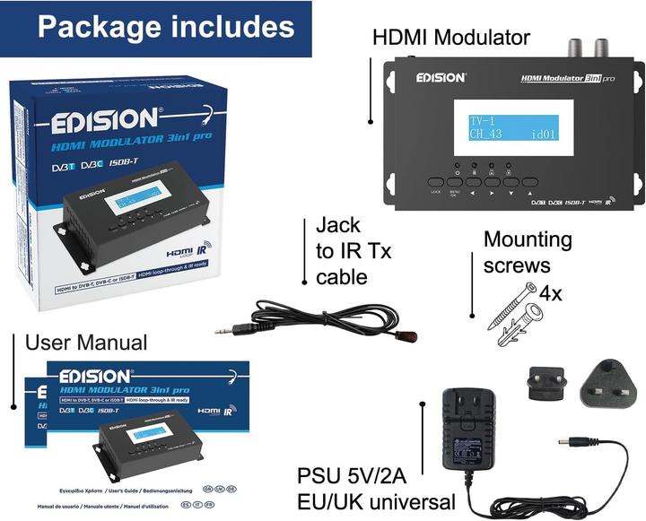 Image du produit Edision HDMI-Modulator 3-in-1 Pro mit DVB-T, DVB-C, ISDB-T, HDMI-Loop und LCD-Display (Modulateur HDMI)