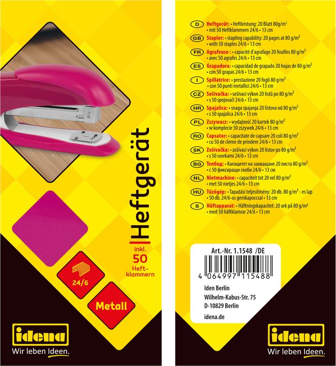 Produktbild Idena Heftgerät 13cm pink für 20 Blatt (20 Blätter)