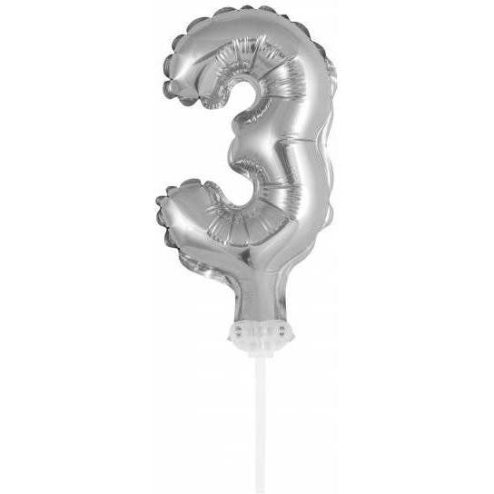 Idena Folienballon Zahl 3 am Stab 13cm silber