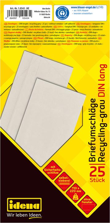 Produktbild Idena BU DIN lang recycl. sk, o.F.,75g/m²,25 Stück (DIN lang (11 x 22 cm), 25 x)