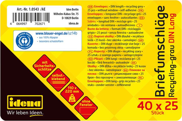 Produktbild Idena BU DIN lang recycl. sk, o.F.,75g/m²,25 Stück (DIN lang (11 x 22 cm), 25 x)