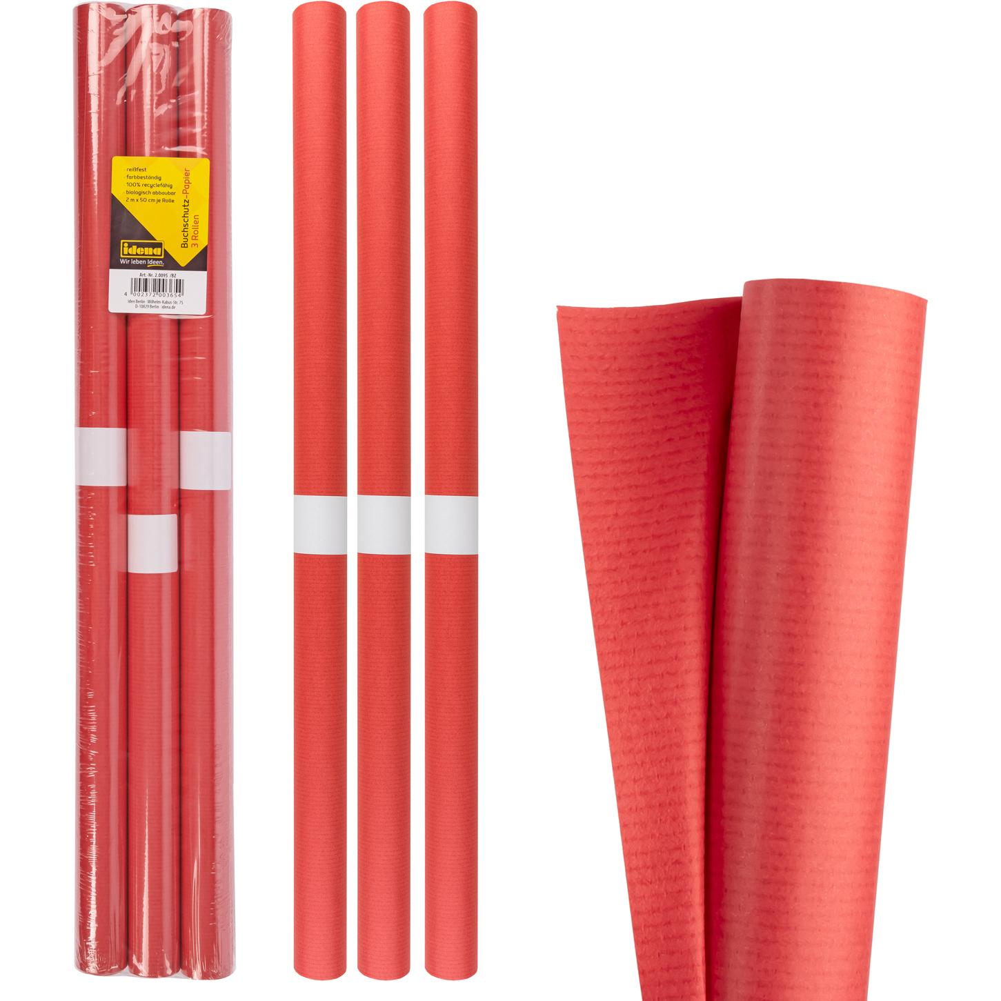 Idena, Verpackungsmaterial, Buchschutzpapier 3er 2mx50cm rot (3 Stück)