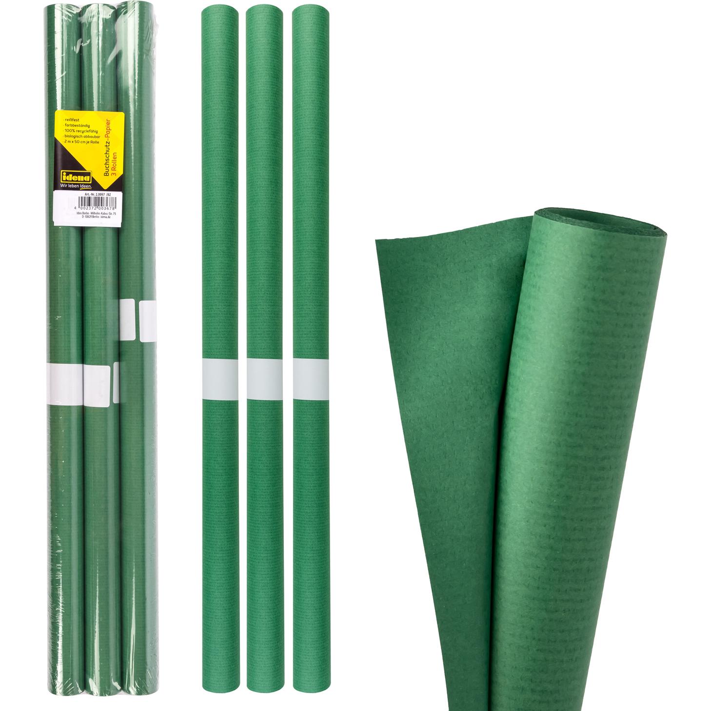 Idena, Verpackungsmaterial, Buchschutzpapier 3er 2mx50cm grün (3 Stück)