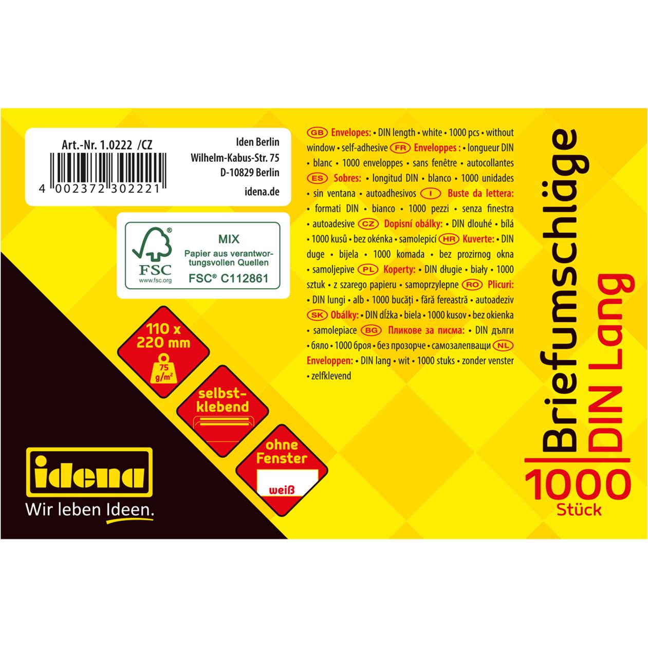 Idena, Briefumschlag, BU DL weiss 75g 1000er sk o.F. FSC-Mix (DIN lang (11 x 22 cm), 1000 x)