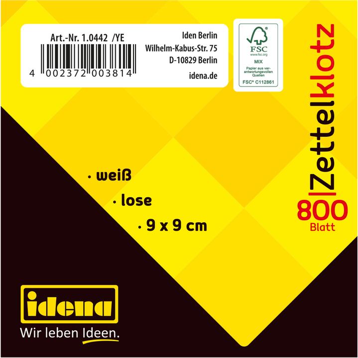 Produktbild Idena Zettelklotz 9x9cm 800 Bl. lose weiss FSC-Mix (9 x 9 cm)