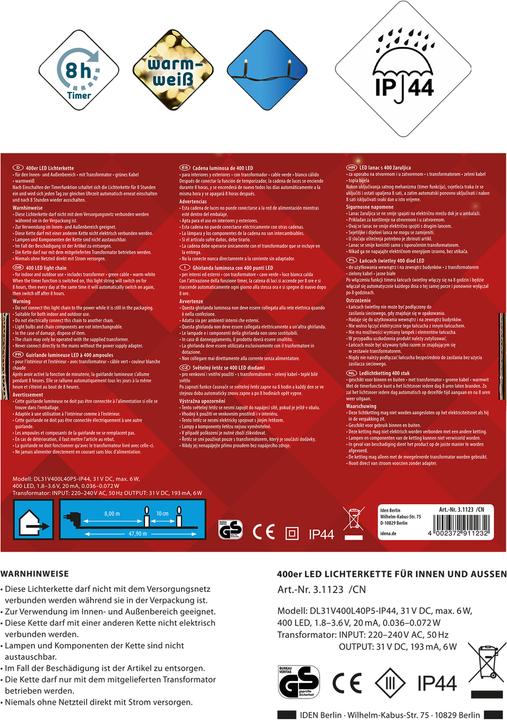 Produktbild Idena LED Lichterkette 400er WW,8h Timer,47,90m (0.09 m)