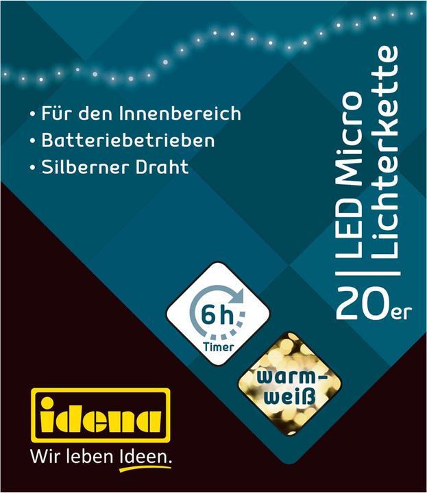 Produktbild Idena Micro Lichterkette 20 LED, warmweiss,6h-Timer (2.20 m)