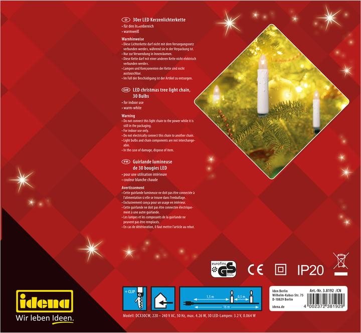 Produktbild Idena Kerzenlichterkette LED 30er warmweiss f.Innen (16 m)