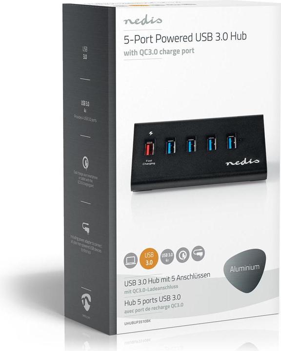 Produktbild Nedis UHUBUP3510BK. Hostschnittstelle: USB 3.2 Gen 1 (3.1 Gen 1) Micro-B, Hub-Schnittstellen: USB 3.2 Gen (USB-C, 5 Ports)