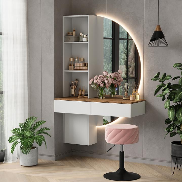 Actual product image Vichy Schminktisch Melora, Weiss/Eiche, 100 cm mit LED-Spiegel