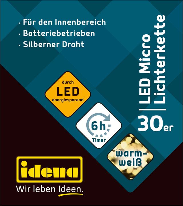 Actual product image Idena Micro light chain 30 LED, warm white,6h timer (3.20 m)