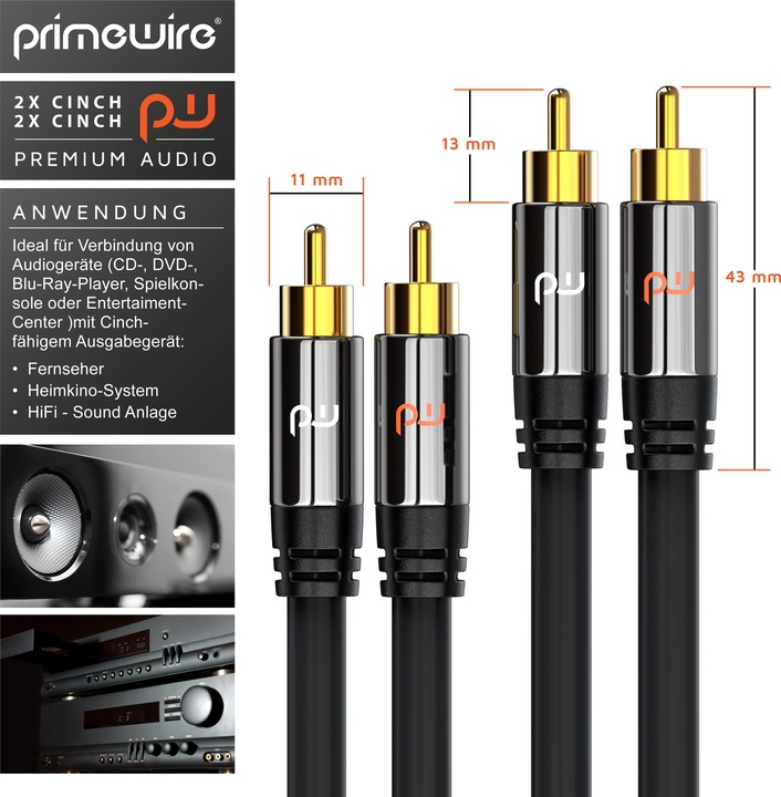 Actual product image Primewire Stereo Cinch Audio Cable, RCA, HiFi Audio Cable multiple shielded, 2x Cinch to 2x Cinch (10 m, Cinch)