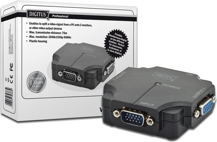 Digitus VGA Splitter 2-Port 350MHz int.Leistungsverstaerker bis 75m max Aufloesung 2048x1536 bei 60Hz