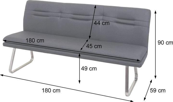 Produktbild Swisshandel24 Sitzbank, Esszimmerbank Bank Polsterbank, Rückenlehne Stoff/Textil Edelstahl gebürstet - grau 180cm (180 cm)