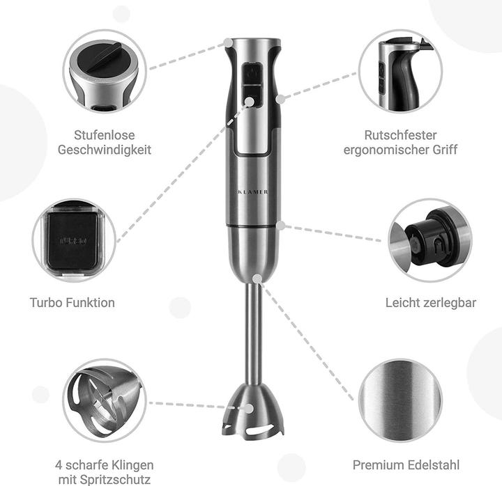 Image du produit KLAMER Stabmixer Set 800 Watt, 4 in 1 Pürierstab Edelstahl mit stufenloser Geschwindigkeit und …