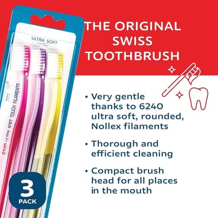 Actual product image Tello 6240 Adult Ultra Soft Swiss Toothbrush for Gentle Cleaning with Ergonomic Handle Assorted Colors 3 C (Soft, 3 x)