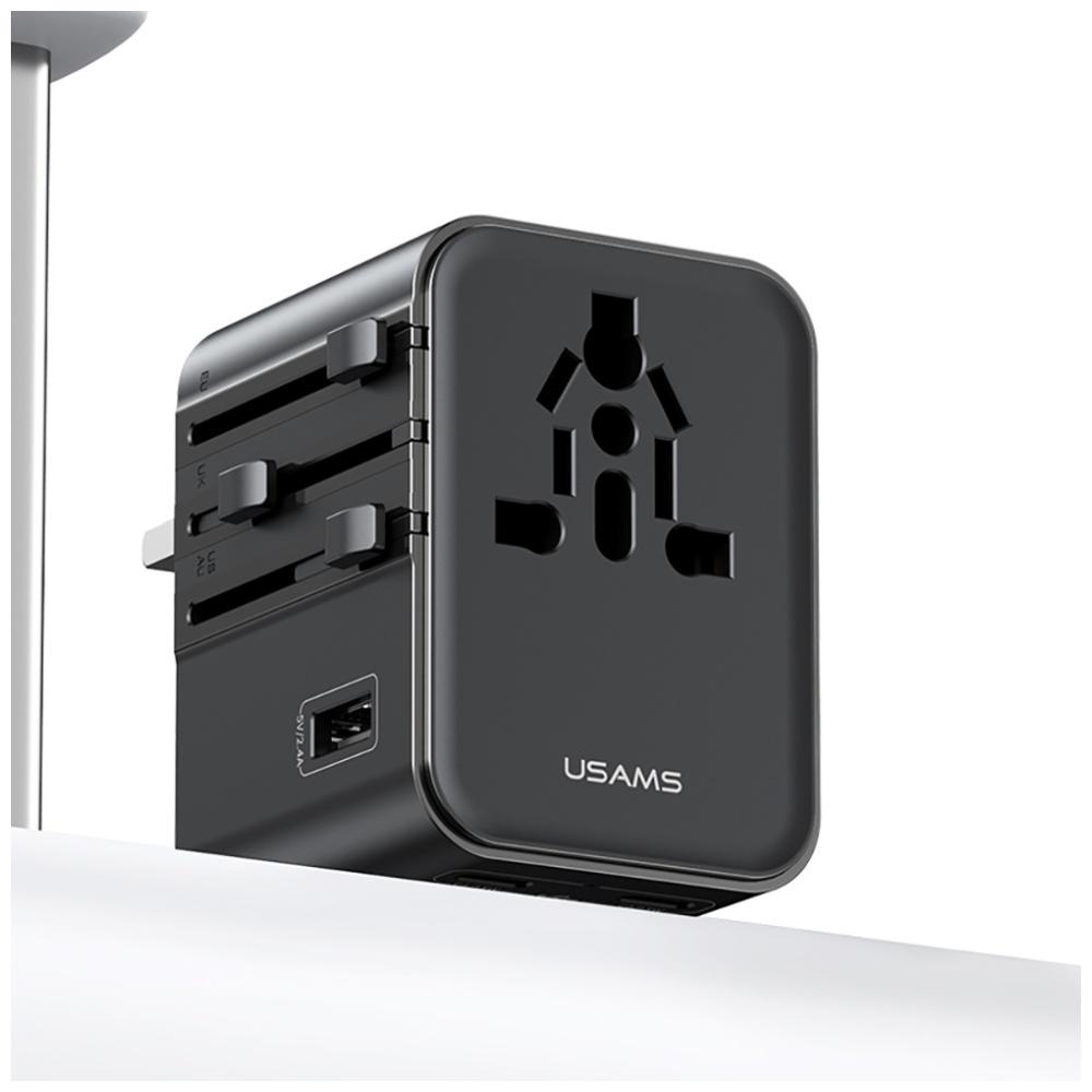 Usams Travel Charger Adapter CC308 2xUSB-C 17W 4in1 US/AU/EU/UK black (17 W), Caricatore USB, Nero