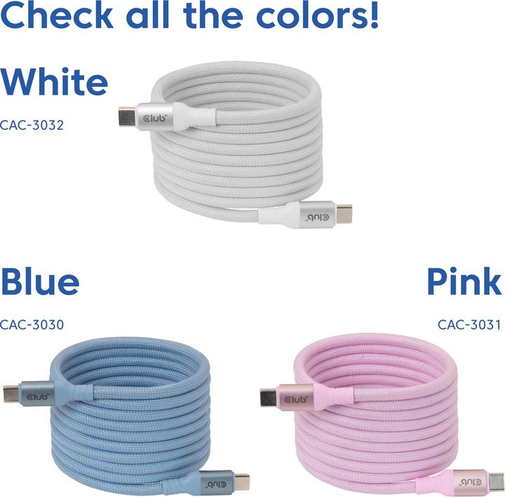 Actual product image Club 3D Club3D Lifestyle USB-C Magnetisches Kabel 240W 2m weiss St/St (2 m, USB 2.0, 240 W)