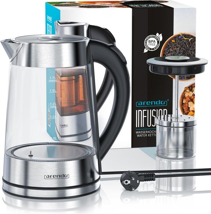 Image du produit Arendo Bouilloire 1,7 l, 2200 W, acier inoxydable & verre avec passoire à thé, théière, sélection de la (1.70 l)