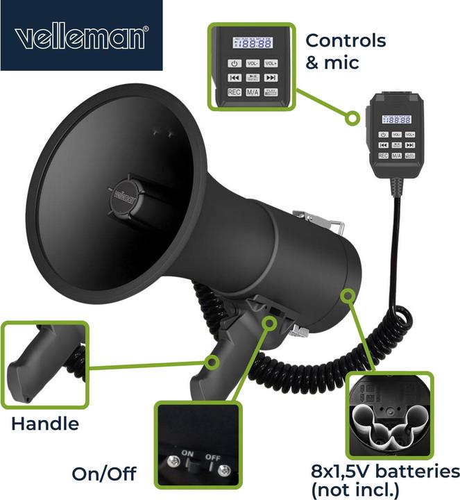 Actual product image Velleman Powerful megaphone with 50 W, built-in siren, recording function, volume control, Blueto (Megaphone)