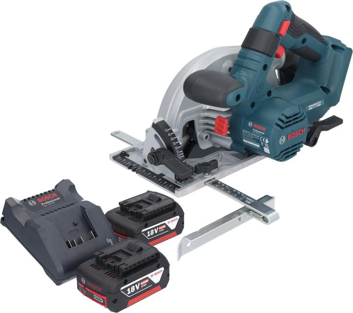 1.0 x 20 mm, 24 (2 608 837 685), 1x rip fence (2 608 000 817), 5000 mAh Li-Ion battery, 1x Bosch GAL 18V-20 battery charger, 1x circular saw blade, Standard for Wood, 165 x 1.5, 1x Bosch GKS 18V-57-2 Professional cordless portable circular saw, 2x Bosch GBA 18 Volt, 5.0 Ah
