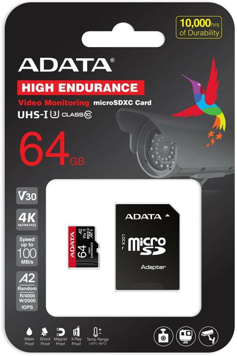 Actual product image Adata microSDXC card High Endurance 64 GB (64 GB, microSDXC, U3, UHS-I)