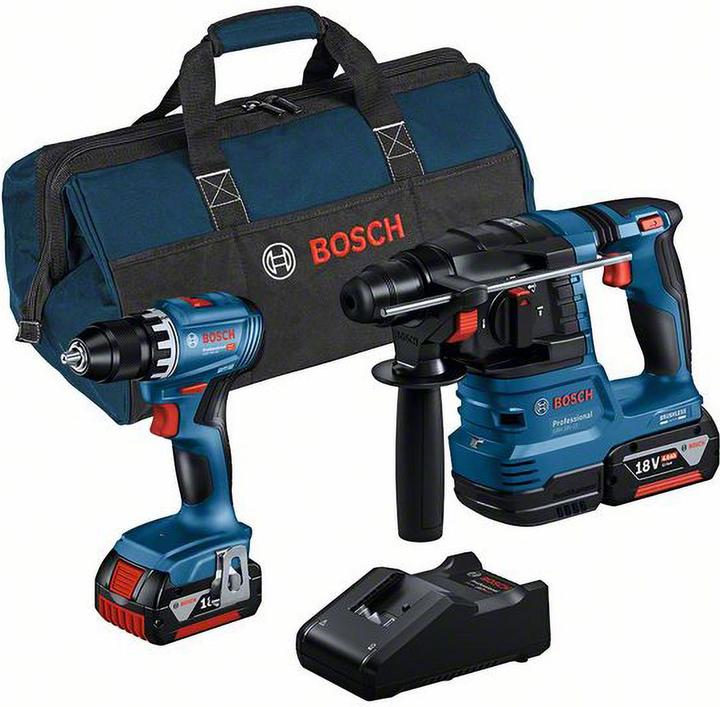Produktbild Bosch Professional Combo Kit 2-tlg. 18V: GSR 18V-45 + GBH 18V-22 + 2 x Akku 4.0Ah, Schnellladegerät (Akkubetrieb)