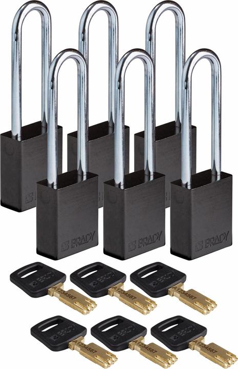Produktbild Brady Safekey Aluminium-Vorhängeschloss mit Stahlbügel, Schwarz, 76 mm Bügelhöhe, 6.4 mm Bügeldurc