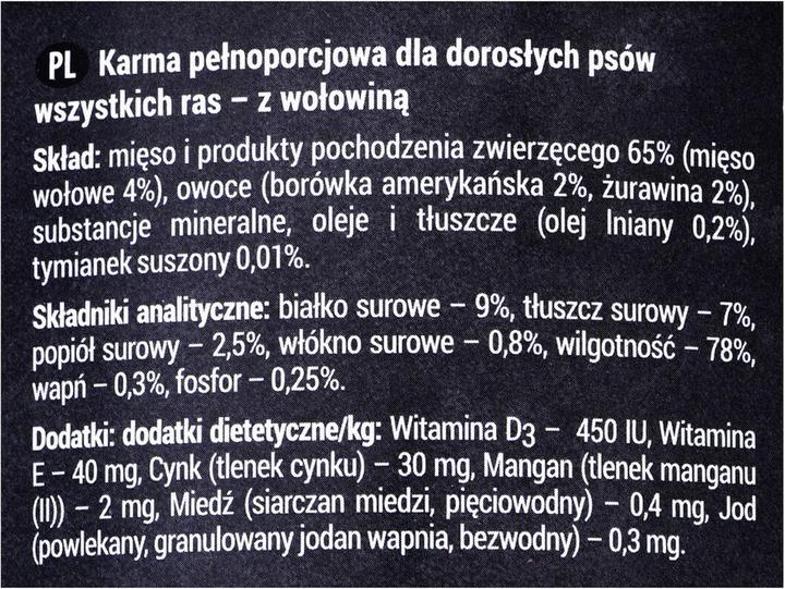 Nährwerte und Zutaten Dolina noteci Rafi mit Rindfleisch Preiselbeeren und Heidelbeeren - Nassfutter für Hunde - 400g (Adult, 1 Stk., 400 g)