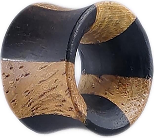 Produktbild Star Piercing Flared Tunnel aus Areng Holz und Obstbaumholz mit Warnzeichen Strahlung (ohne Messing, Organisch)