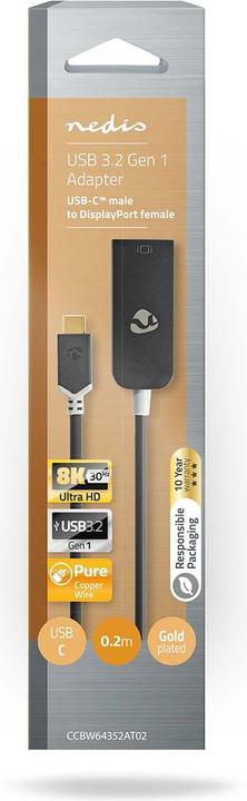 Produktbild Nedis USB Adapter USB 3.2 Gen 1 USB-CT Male DisplayPort Female 0.20 m Round Gold Plated PVC Anthraci (20 cm)