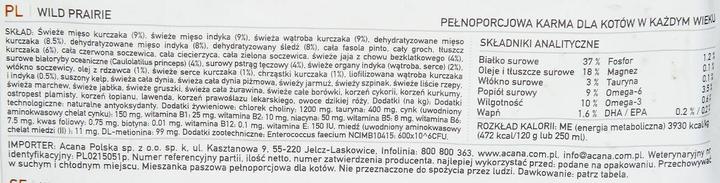 Nährwerte und Zutaten Acana Wild Prairie (Senior, Adult, Junior, 1 Stk., 4500 g)