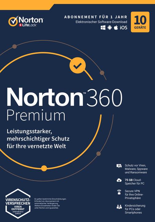 Produktbild Norton LifeLock 360 Premium 75GB Download Code (1 User, 10 Geräte/User, 12 Monate)